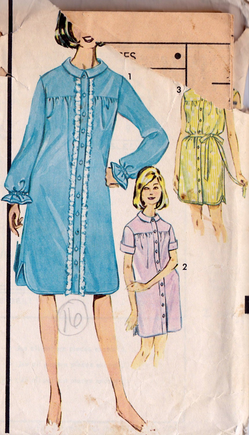 1960s Misses Nightshirt Vintage Sewing Pattern, Advance 3284 bust 36"