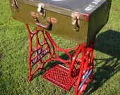 Repurposed WWII Military Suitcase First Aid New Companion Sewing Machine Iron Base Yardstick Table of Recycled Found Industrial Objects