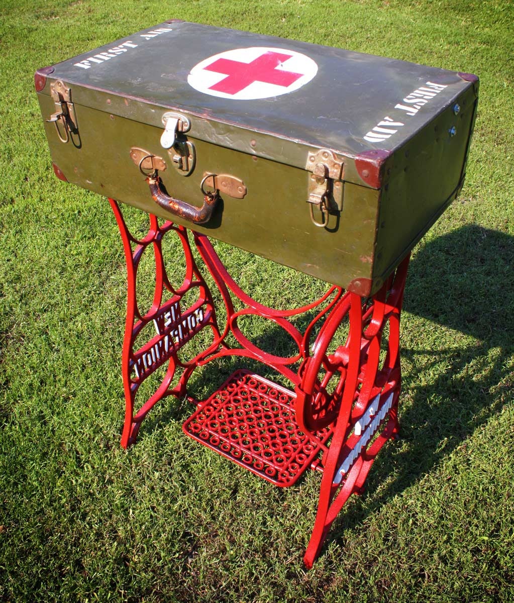 Repurposed WWII Military Suitcase First Aid New Companion Sewing Machine Iron Base Yardstick Table of Recycled Found Industrial Objects