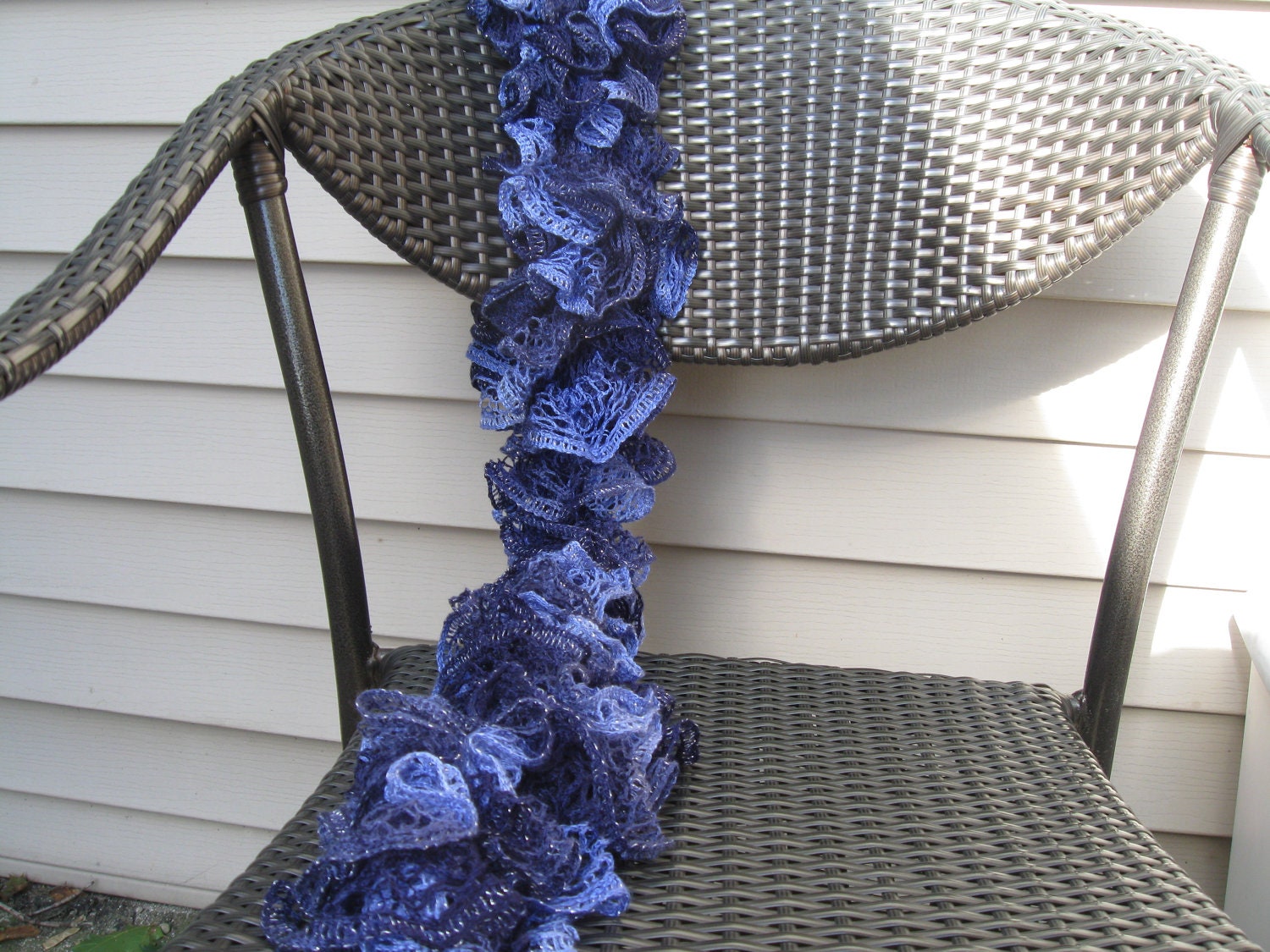 Ruffled Shades of Blue Lace Yarn Hand Knitted Soft Acrylic Scarf 55 inches long
