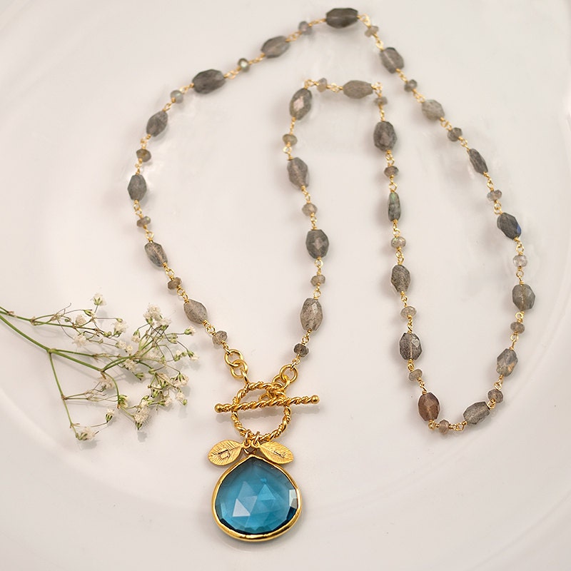 Lariat Necklace - Blue Topaz Personalized Necklace - December Birthstone Necklace -  Wire wrapped Labradorite Necklace