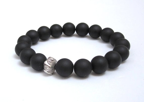Evil Eye, Thai Sterling Silver Lotus Bead Matte Onyx Mala Stretch Yoga Bracelet, Men Unisex - Amulet, Talisman, Strength, Protection