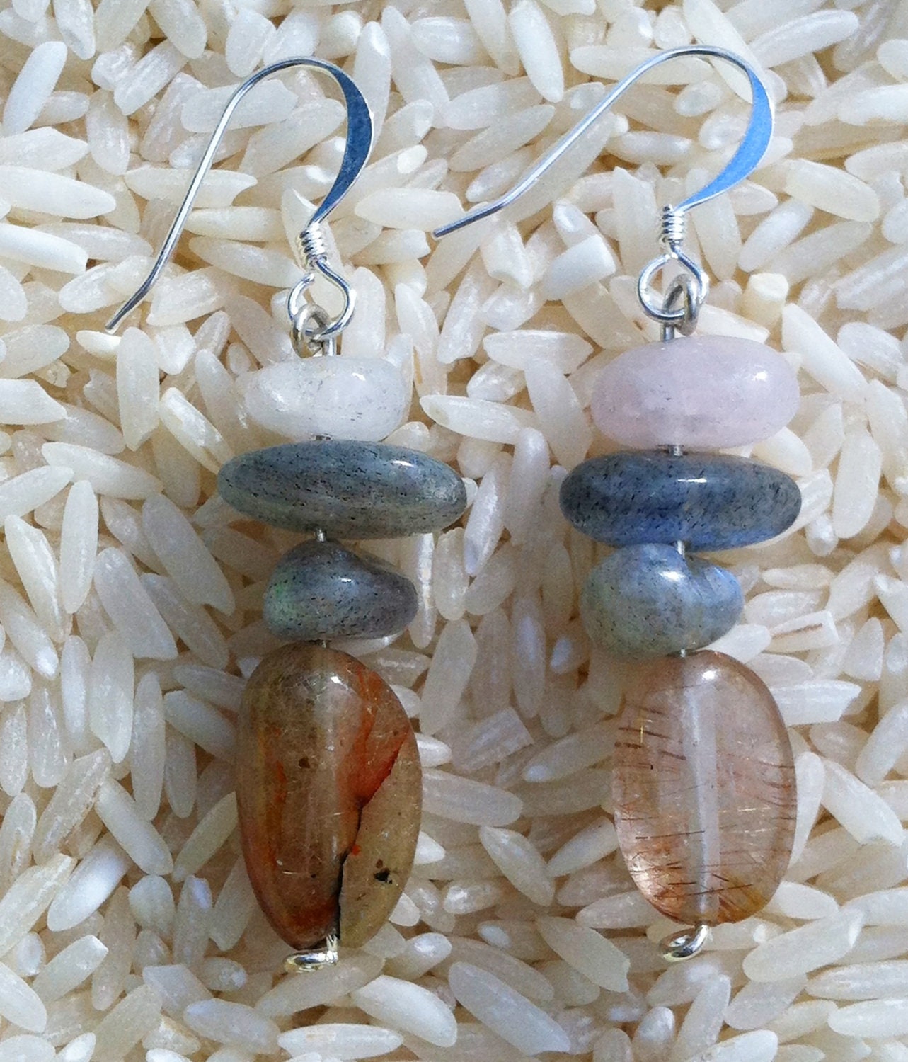 Rose Quartz, Labradorite & Rutilated Quartz Drop Earrings
