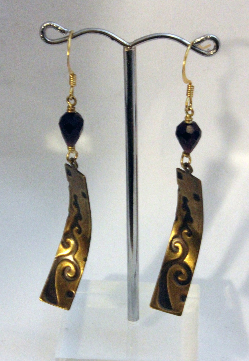 Embossed Brass and Garnet Dangle Earrings