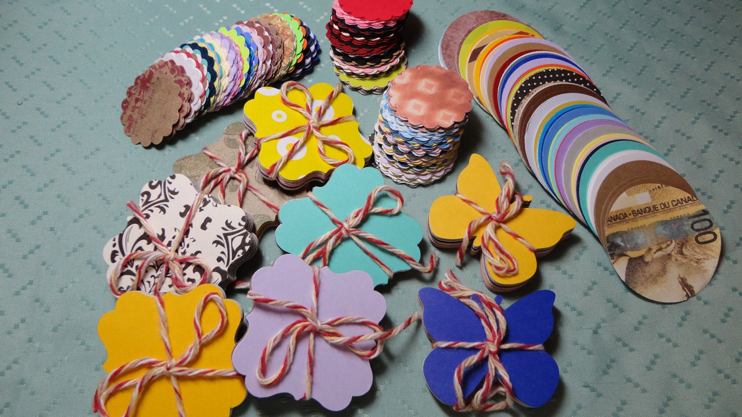650 piece Large Assortment Die Cut Shape, Circle, Scalloped Circle, Butterfly, Scalloped Square