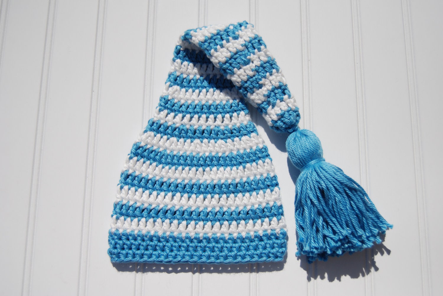 Photo Prop Elf Hat, Crochet Blue and White Striped with Tassel, Newborn Size (Item 769)