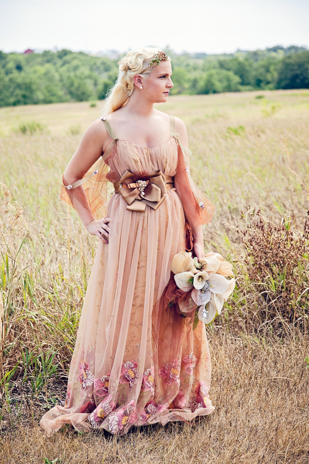 Wedding dress Titianic era Inspired latte tulle embroidered silk custom alternative dress Bridal gown