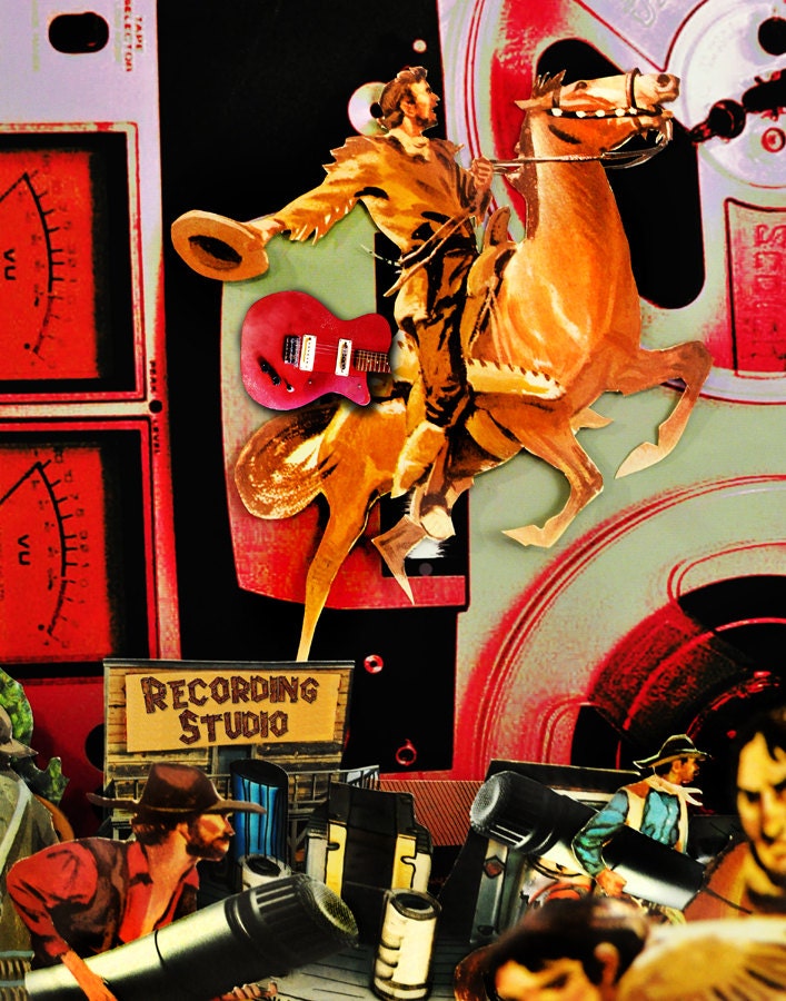 Sonic Cowboy - Music Studio Art - 8" x 10" Archival Print Featuring a Guitar and Microphones