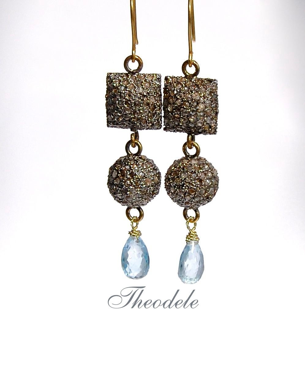 18kt Pave Diamond & Swiss Blue Topaz Earrings/Danglers
