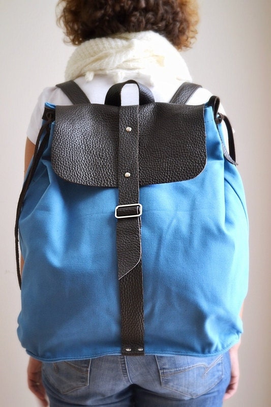 Leather and Canvas Backpack - Brown Leather and Blue Canvas