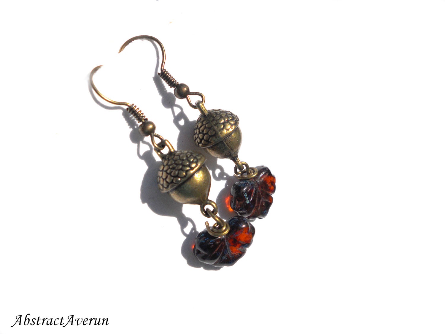 Acorn Earrings - Fall, Woodland - Czech Glass Dark Topaz Picasso Maple Leaf - Brass Dangle Earrings