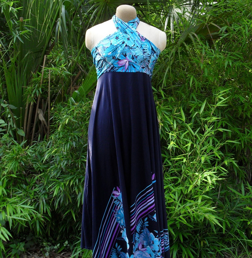 1970s Maxi Dress Silky Tropical Halter Sarong Wrap Dress