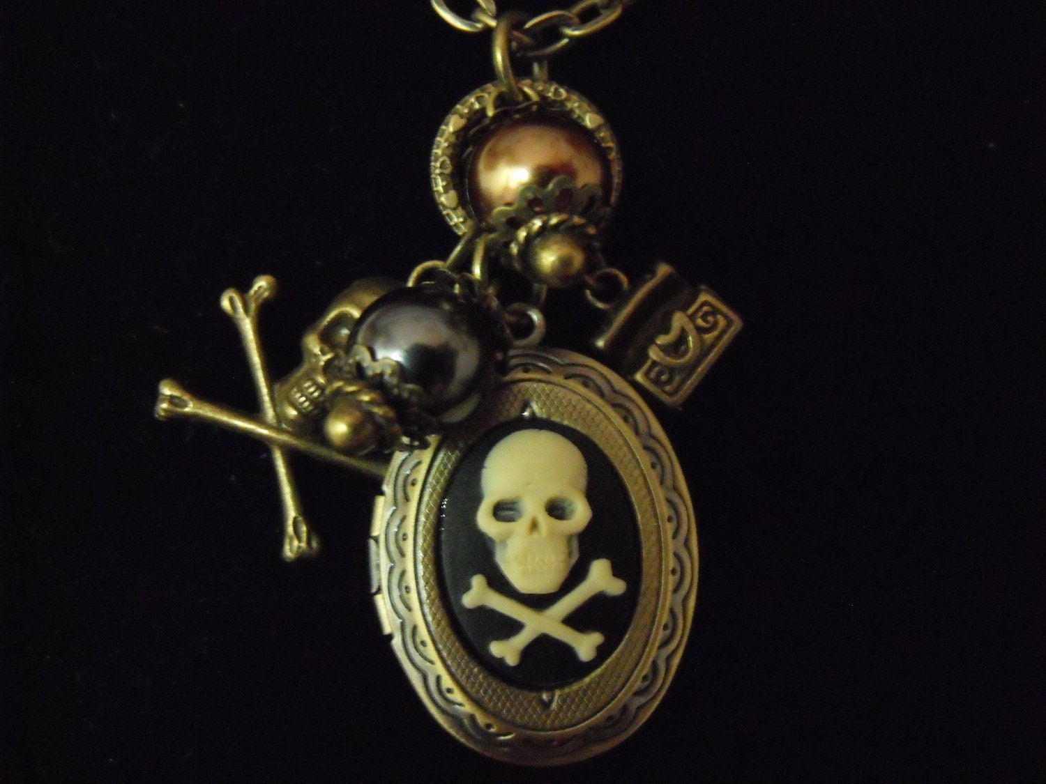 Gothic Pirate Skull and Cross Bones  Locket Necklace Bronze Cameo with pearls and charms