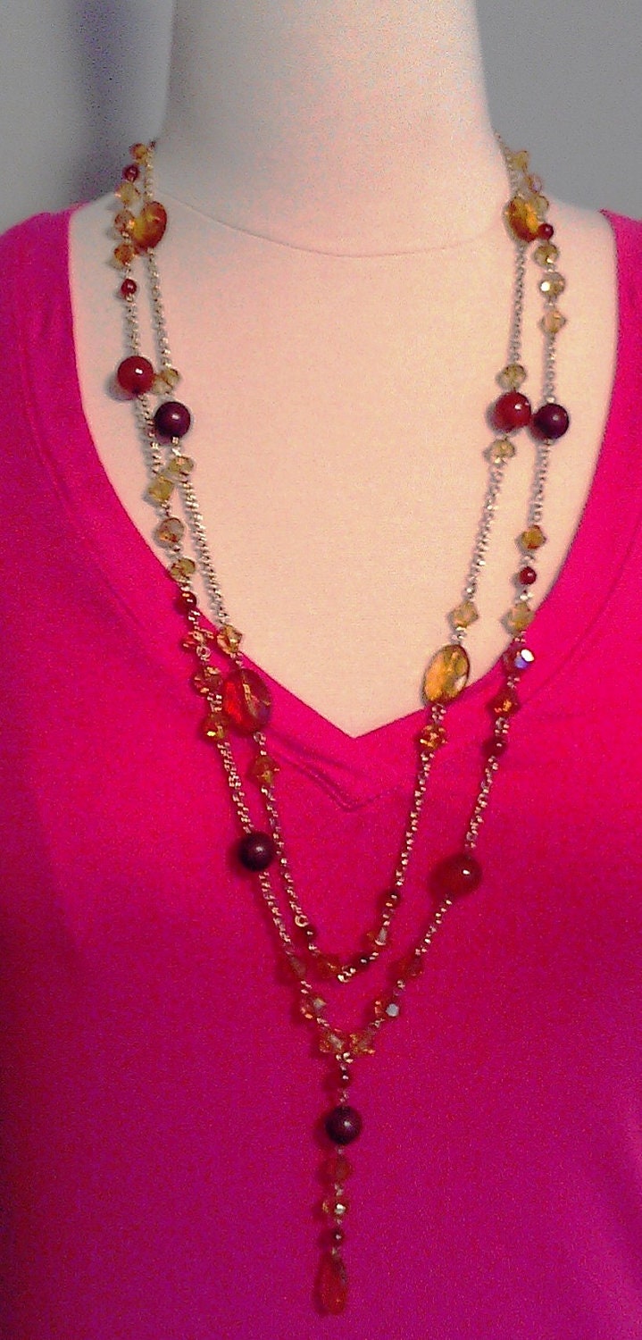 VINTAGE Amber Colored Bead Y Necklace