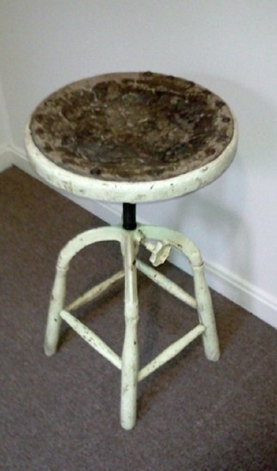 Industrial Stool Rustic Wood Leather and Cast Iron - FingerLakesFinds
