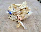 Cream Wrap Bracelet Fashion Accessory Double Blue Beaded Sari Silk Recycled Textle Fabric Jewellery Gift for Her