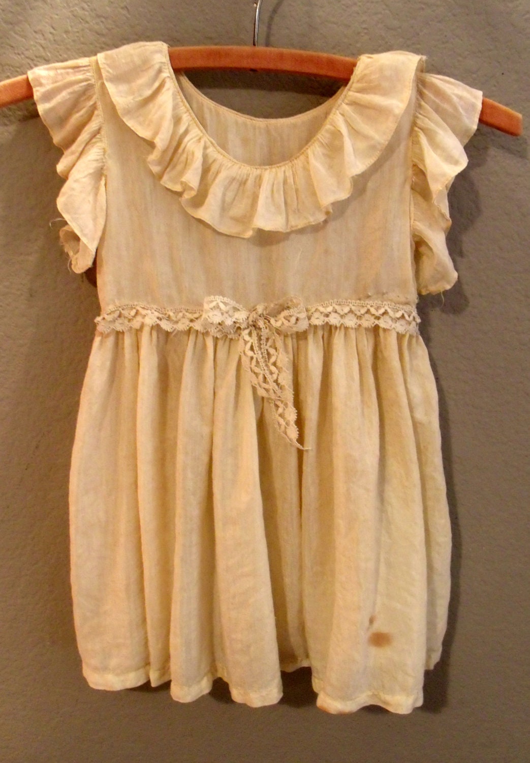 Prim Tea Stained Vintage Dress Girls, Wall Hanging, Home Decor, Rustic, 1930s, Repurposed, Ruffles Lace