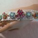 Handmade Cuff Bracelet Vintage Jewelry, Recycled Earrings Brooch, Bling Glamour. Pinks Blues Ecru Crochet Trim, OOAK