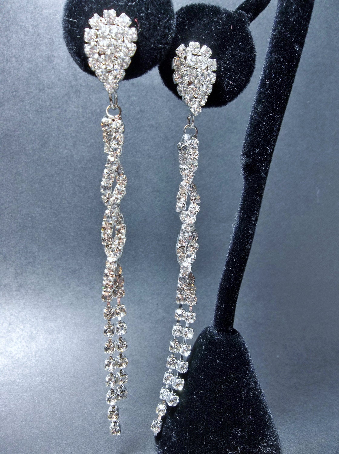Bridal jewelry - LONG - Pave Crystal - Rhinestone earrings - 3 1/2" of SHIMMERING crystals - Slim twisted design - STATEMENT earrings