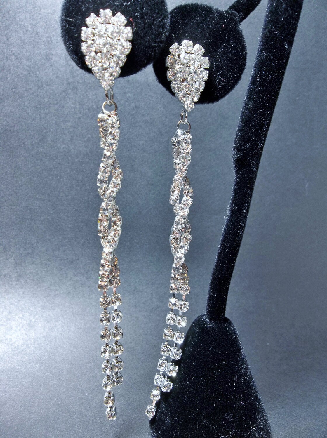 Bridal jewelry - LONG - Pave Crystal - Rhinestone earrings - 3 1/2" of SHIMMERING crystals - Slim twisted design - STATEMENT earrings