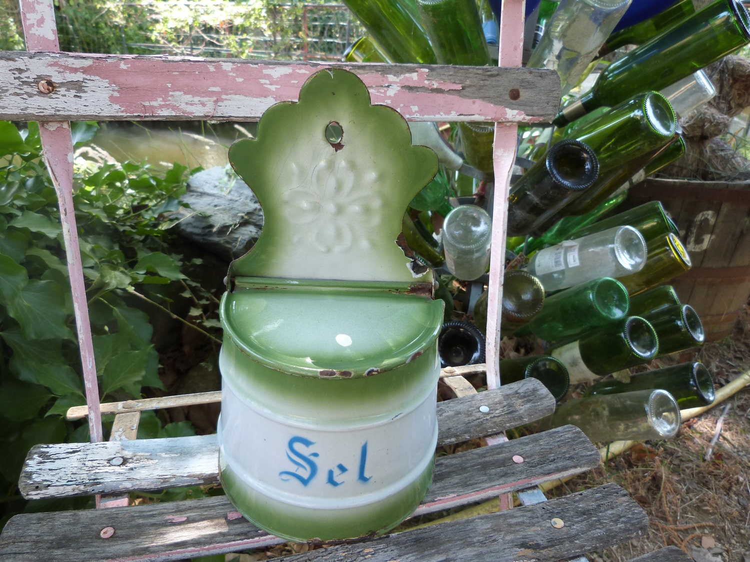 Antique French enamel saltbox enamelware green salt box, country cottage chic France , RARE kitchenware