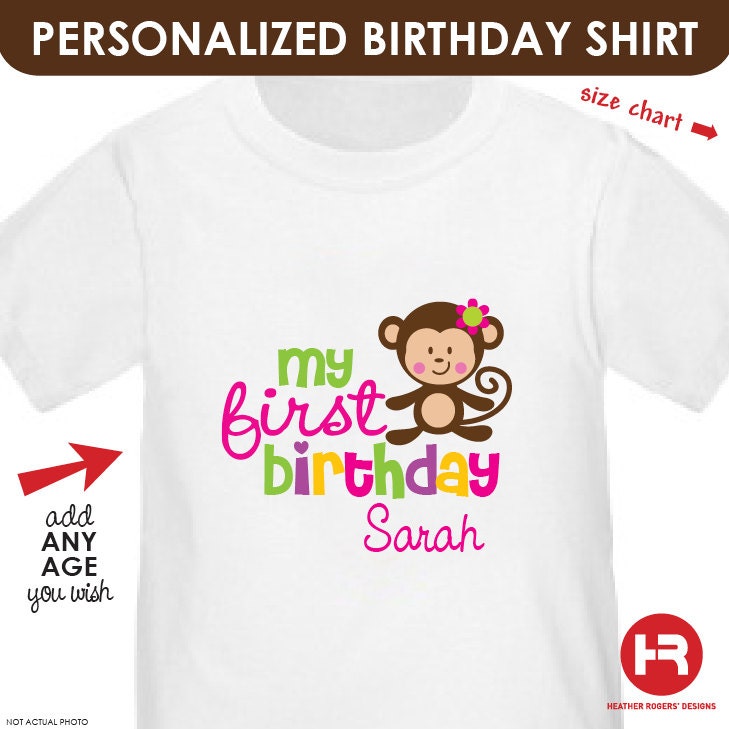 Girl Monkey 1st Birthday Shirt or Bodysuit - Personalized with child's name & age