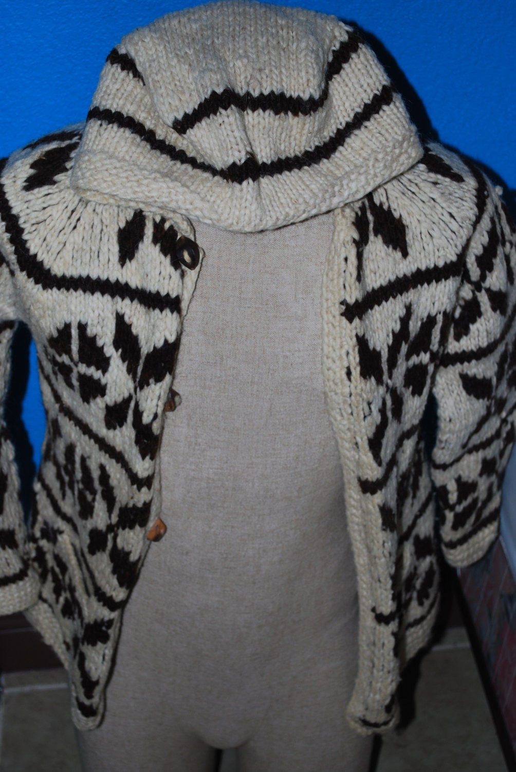 Vintage Unisex Wool Sweater with Hood, Brown and Cream geometric patterned sweater jacket