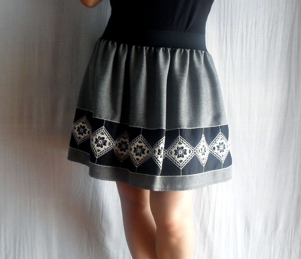 Knee length skirt in grey black -  ruffle skirt lace skirt womens skirt