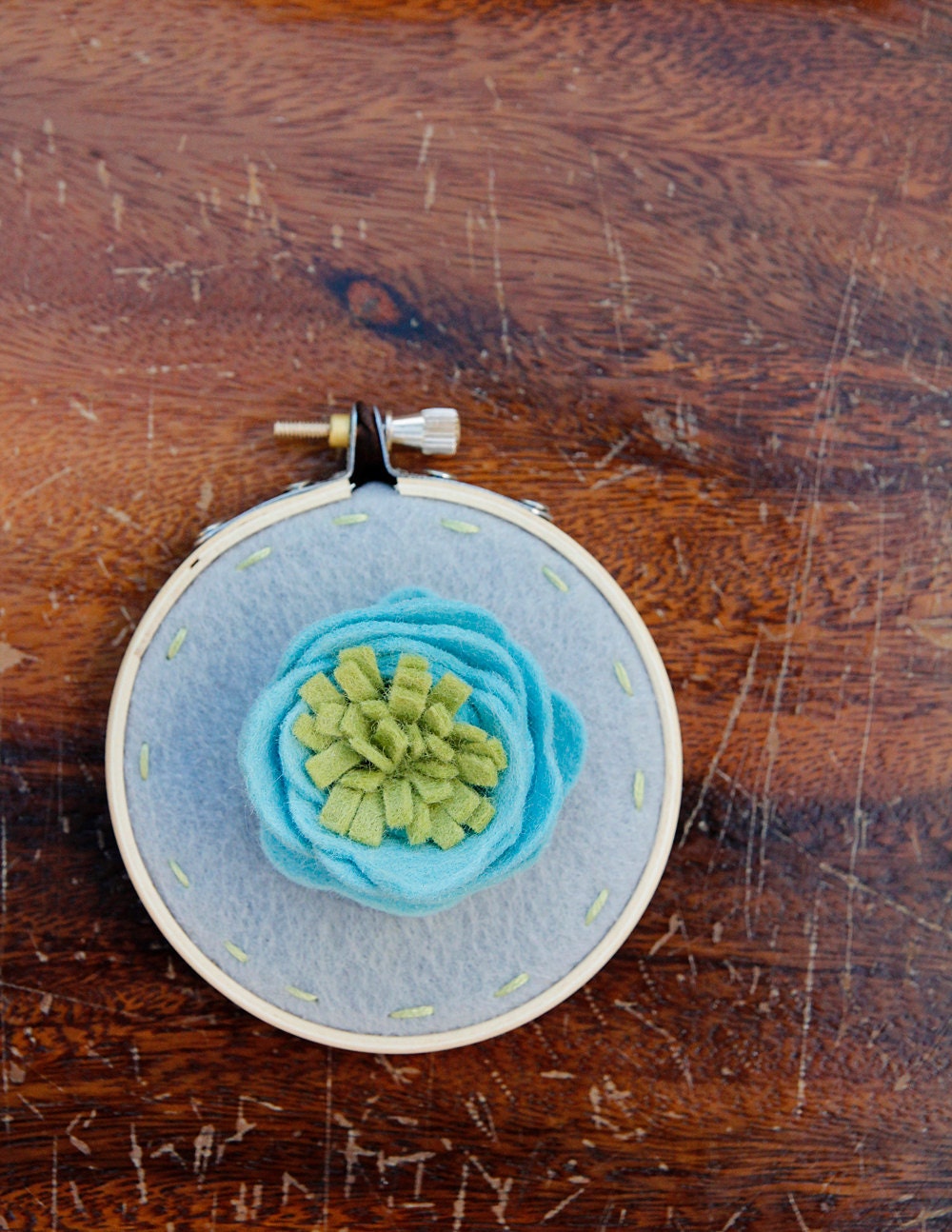 Embroidery Hoop Art. Dimensional Felt Flower in Aqua and Green on Grey Wall Art by Catshy Crafts