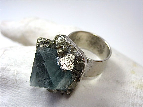 Teal -Green- Fluorite- Octahedron-Antiqued Silver -Ring with Pyrite Dust Sparkle