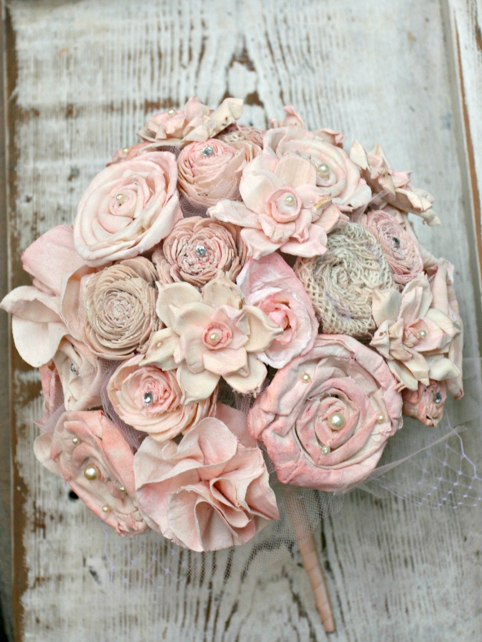 Ombre Blush & Pink Champagne Handmade Bride's Alternative Wedding Bouquet - Sola Wood, Fabric  Flowers, Burlap Rosettes, Paper Roses, Pearls