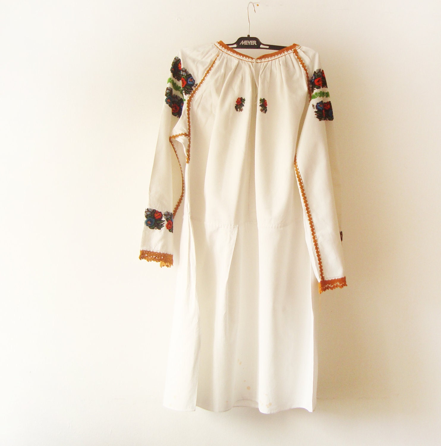 Reserved Beaded Blouses - Antique Ukrainian Ethnic Costume Blouse hand beaded with small colorful beads and hand crocheted mustard trim