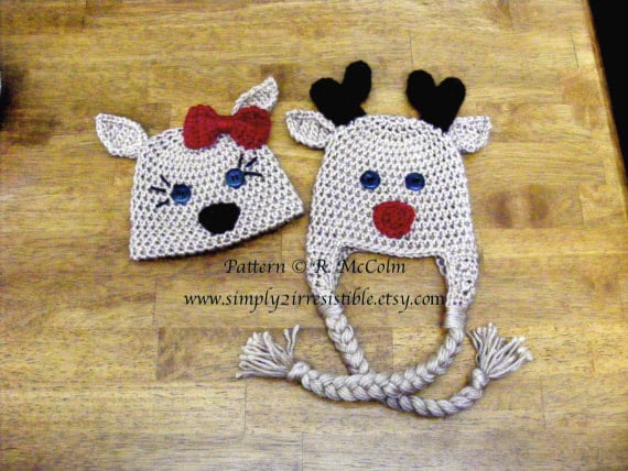 Rudolph and Clarisse Hat - Crochet Pattern 28 - us and uk Terms -  Beanie and Earflap - Newborn to Adult - INSTANT DOWNLOAD