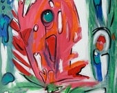 Abstract Acrylic Animal Painting Coral Pink and  Blue Green Fish 16 x 20 by Mary Gaspar