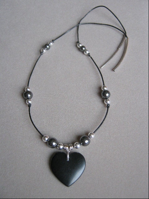Blackheart Blackstone with Hematite Genuine Gemstone and Silver Bead Necklace