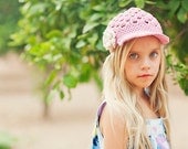 Girls Crochet Newsboy Newsgirl Rose Pink and Ecru - Cotton Hat with Flower