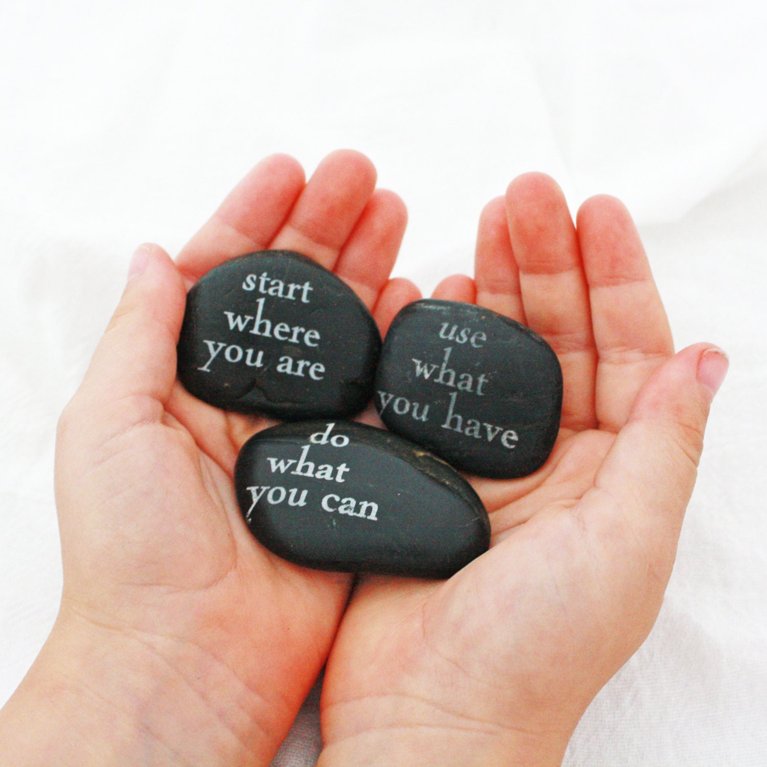 Word Stones. Start Where You Are, Use What You Have, Do What You Can. Inspirational activism quote, etched natural stone. Unique eco gift