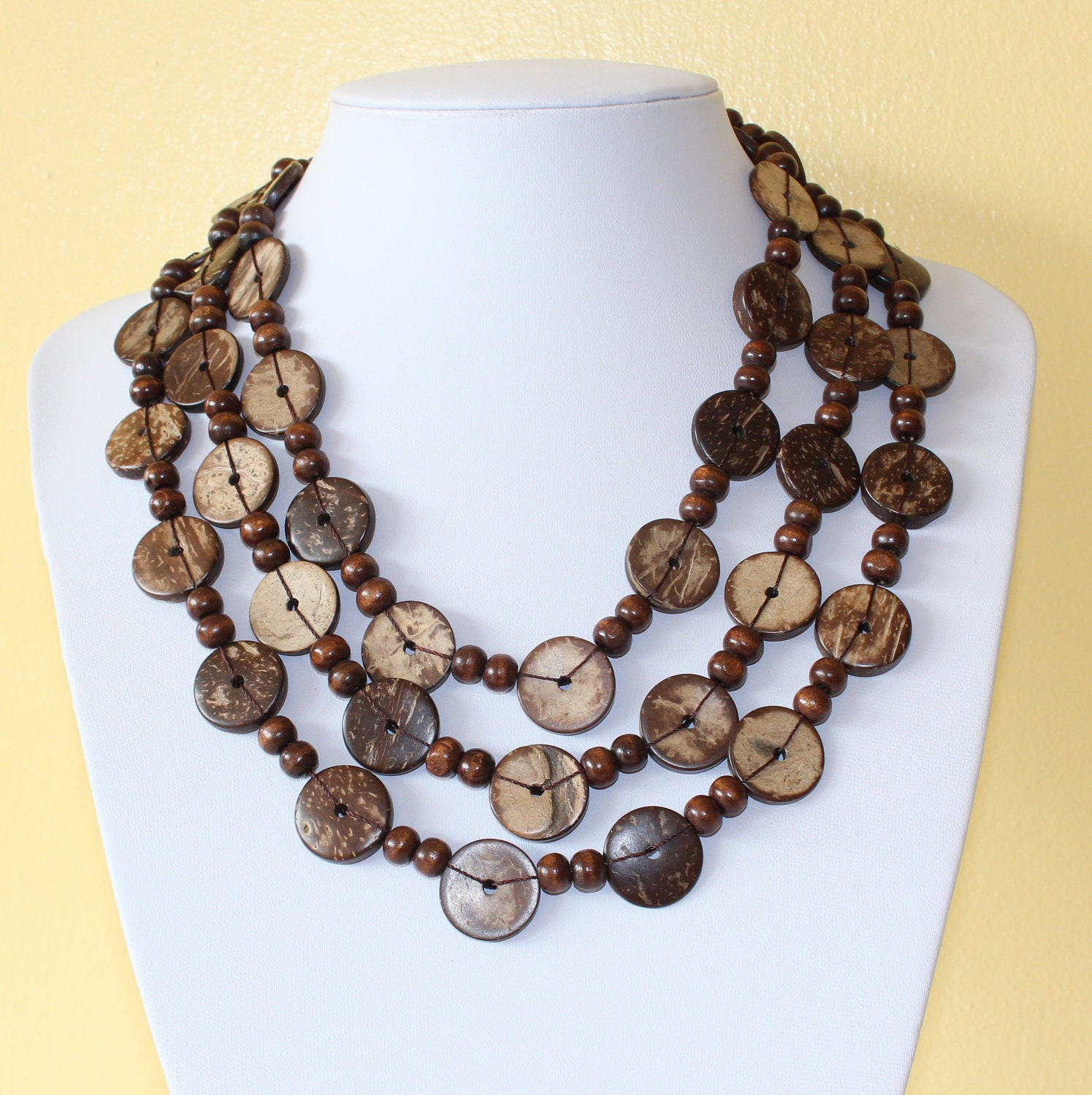 Ethnic Coconut Shell Necklace. Handmade. Extra Long Length Lariat. Colorful Coco Wood Beads. Brown Color Necklace.  MapenziGems CN18