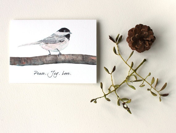 Chickadee Card - Peace, Joy, Love, Nature, Bird Painting, Watercolor, Holiday Art Card, Gray, Grey, Brown, Black, White - trowelandpaintbrush