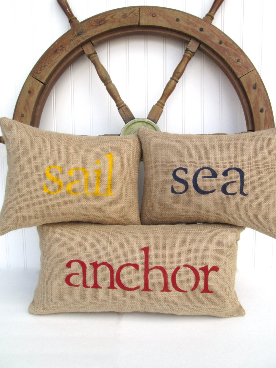 nautical theme decor, custom burlap pillows, sea, sail, anchor, set of 3, child's theme room decor, summer beach house decor