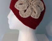 Crochet Women's Winter Hat with Flower, Dark Red and Silver