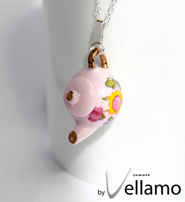 Sterling silver necklace, delicate pink miniature porcelain tea pot necklace, delicate pink porcelain jewelry