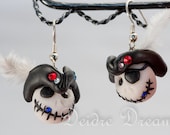 Polymer Clay Sugar Skull Earrings - Goth Lolita Dangle Earrings - Pirate Earrings - Day of the Dead Dia de los Muertos Feather Earrings