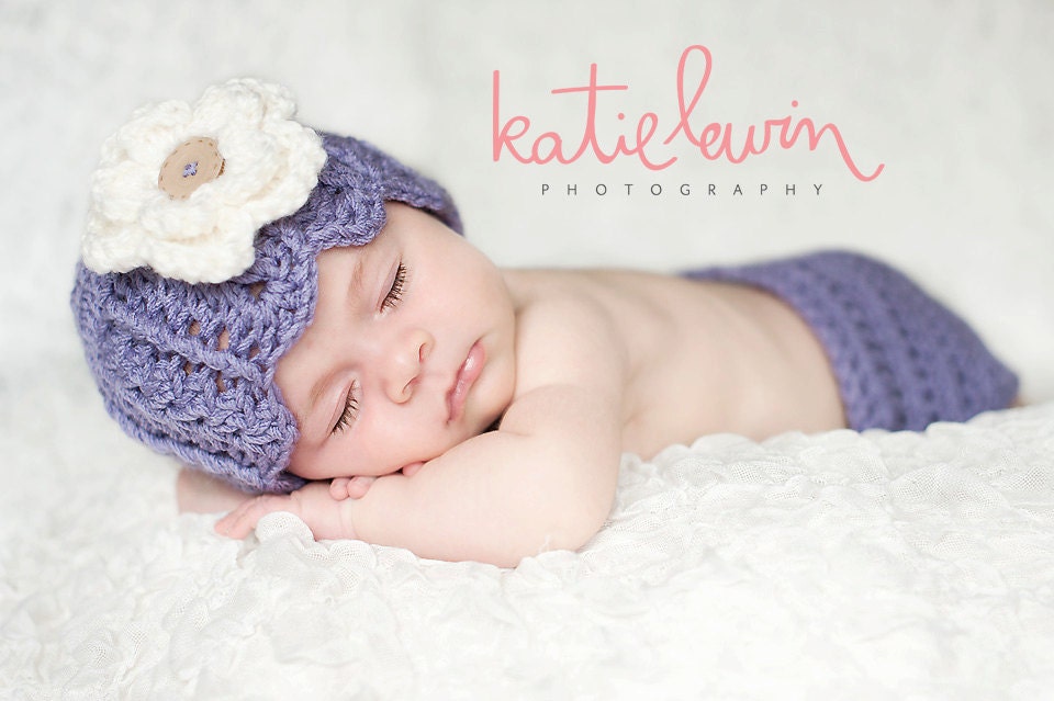 Baby girl hat, newborn girl hat, purple beanie hat with flower photography photo prop infant girl hat crochet knit - MADE TO ORDER