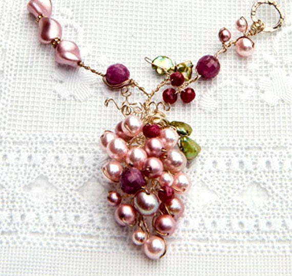 Pink Statement Necklace, Flower Necklace, Bridal Jewelry, Artisan Jewelry Sapphires Rubies Freshwater Pearls with sterling silver