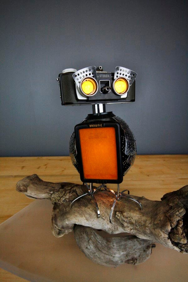 Reserved for Ewa - Owlberto The Wise - Camera Owl Robot Lamp Assemblage