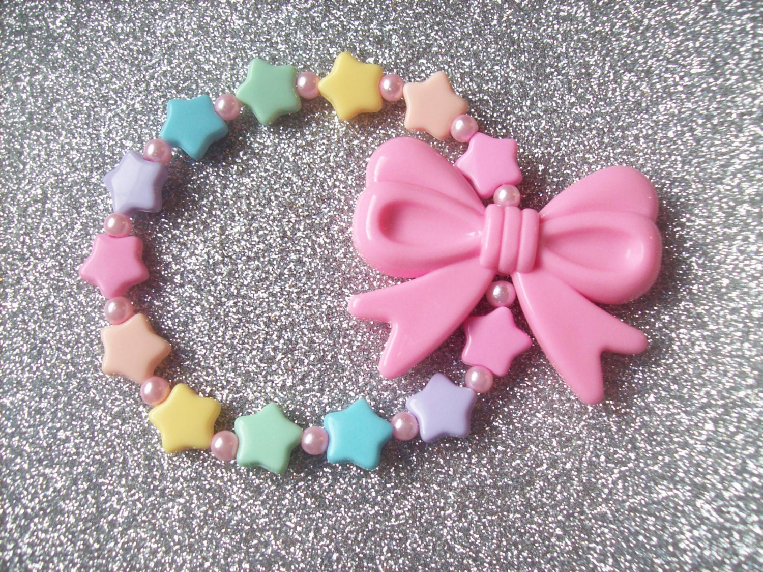 Candy Magic - Pastel Rainbow Stars and Pink Bow Stretch Bracelet