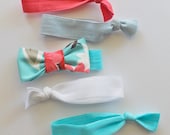 Aqua and Red Floral Bow Hair Tie Set