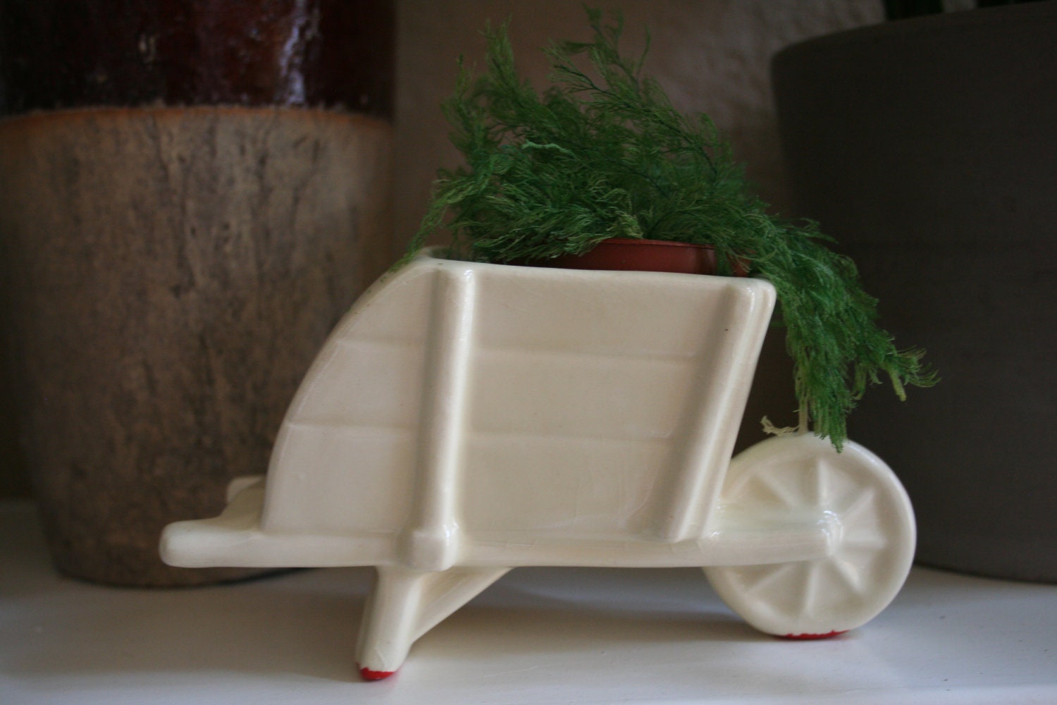 Shabby Chic, Vintage Cream Colored Ceramic Wheelbarrow Planter, Home or Garden Decor, Wedding Gift, Wedding Decor, Vintage