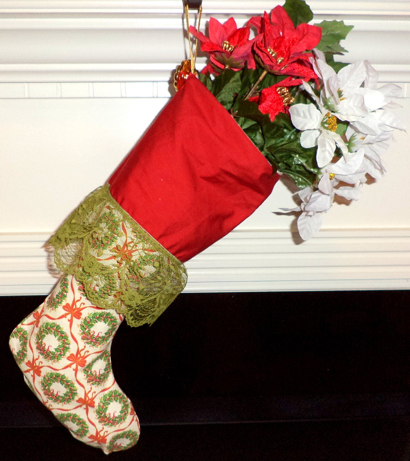 Country Christmas Stocking. Handmade green and red wreath pattern - BeaSewn